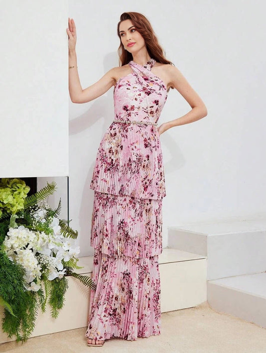 PREMIUM FLORAL PRINT LAYERED PLEATED HEM CRISSCROSS HALTER NECK DRESSHOLIDAY PARTY BIRTHDAY FORMAL