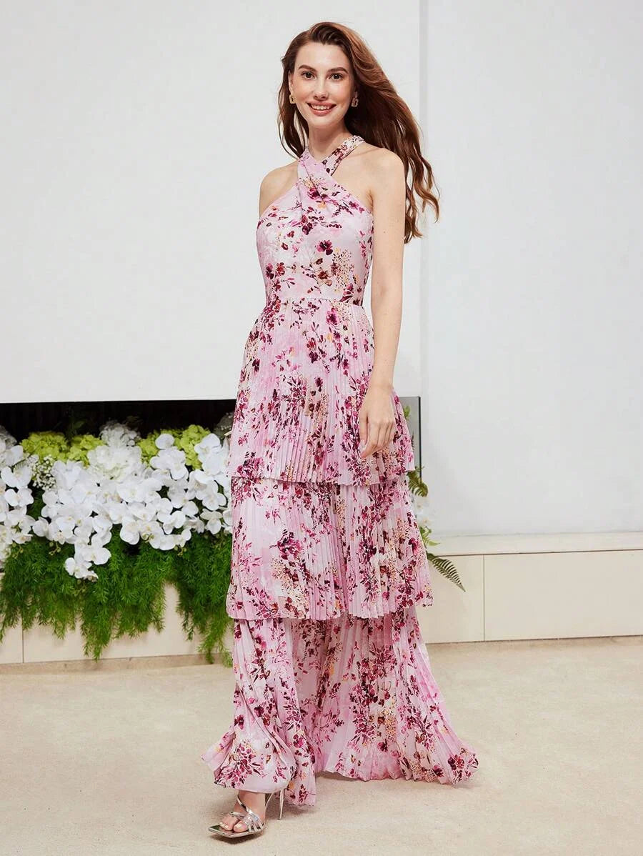 PREMIUM FLORAL PRINT LAYERED PLEATED HEM CRISSCROSS HALTER NECK DRESSHOLIDAY PARTY BIRTHDAY FORMAL