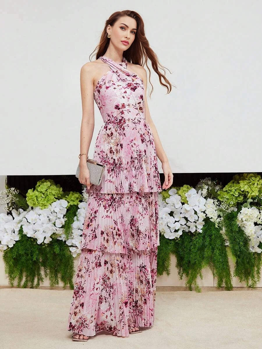 PREMIUM FLORAL PRINT LAYERED PLEATED HEM CRISSCROSS HALTER NECK DRESSHOLIDAY PARTY BIRTHDAY FORMAL