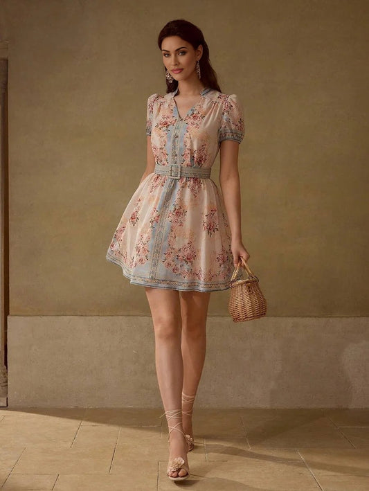 PREMIUM FLORAL PRINT NOTCH NECK BELTED DRESS