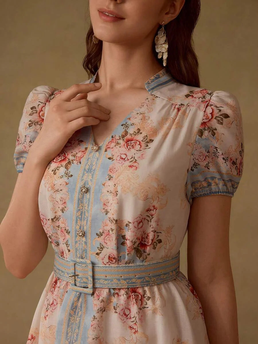 PREMIUM FLORAL PRINT NOTCH NECK BELTED DRESS