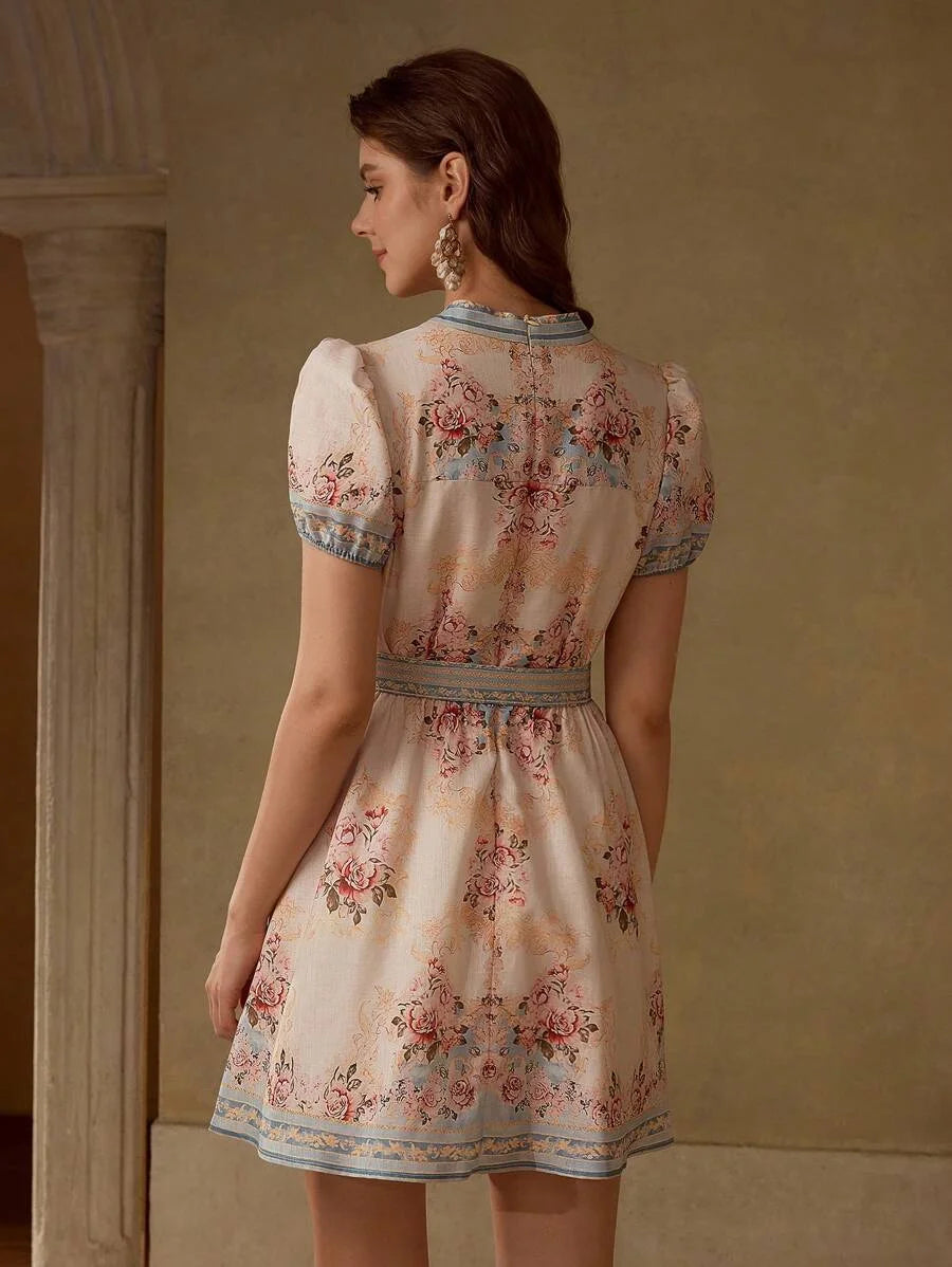 PREMIUM FLORAL PRINT NOTCH NECK BELTED DRESS