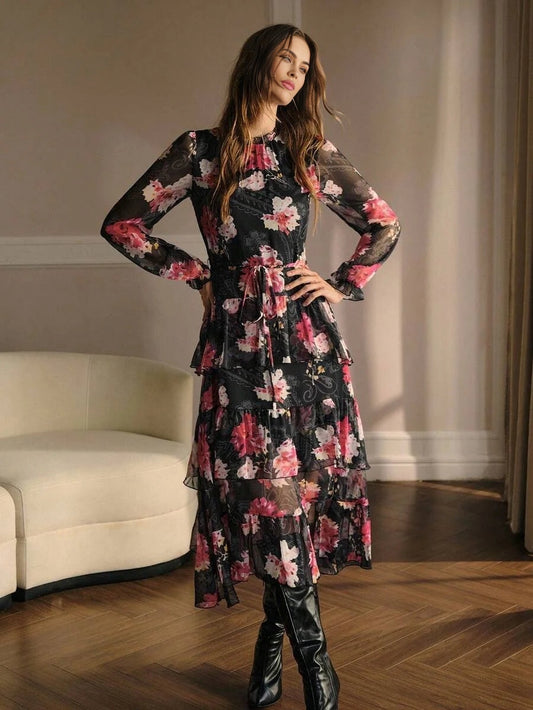 PREMIUM FLORAL PRINT RUFFLE HEM DRESS