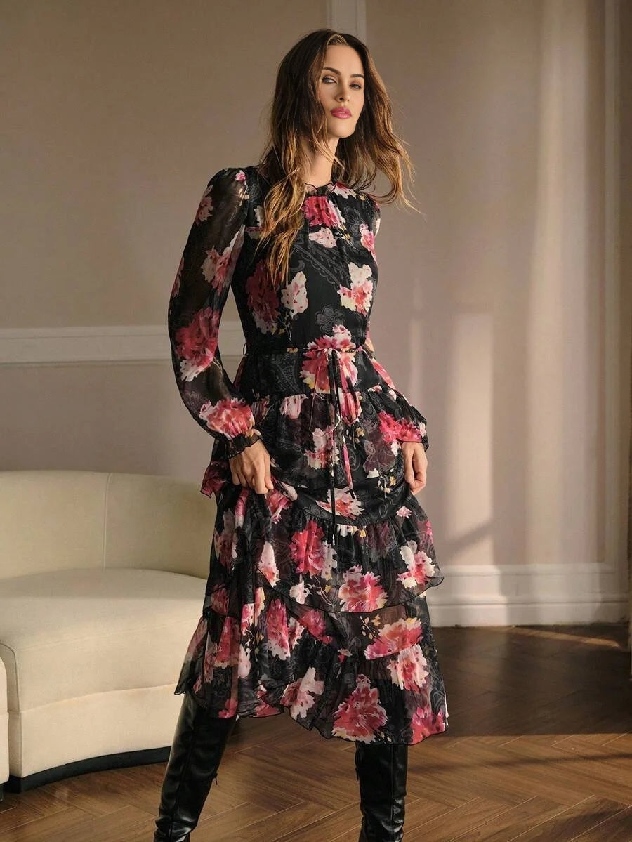 PREMIUM FLORAL PRINT RUFFLE HEM DRESS