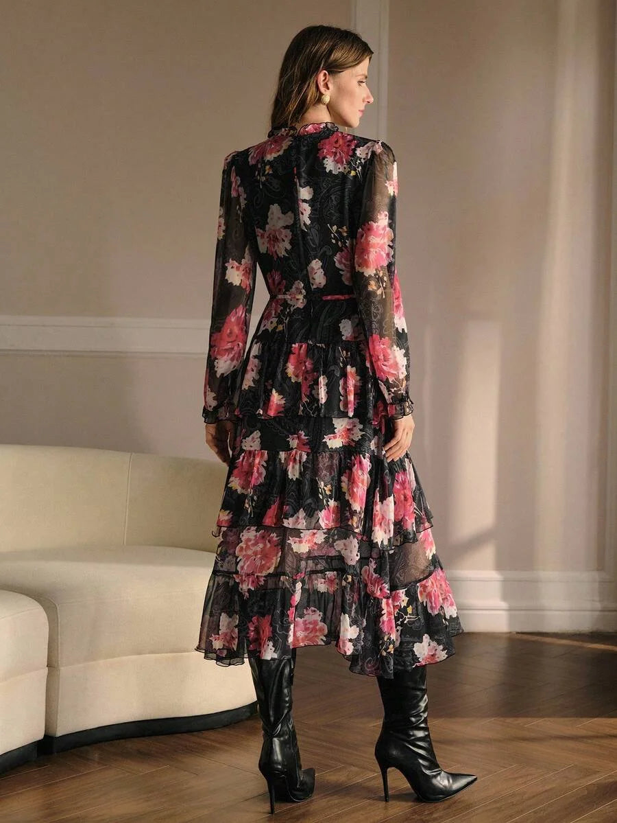 PREMIUM FLORAL PRINT RUFFLE HEM DRESS