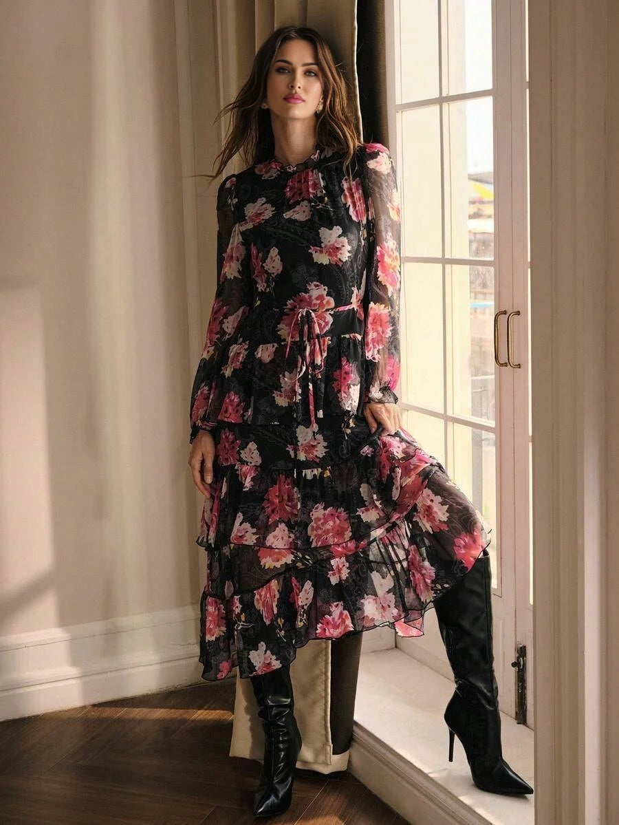 PREMIUM FLORAL PRINT RUFFLE HEM DRESS