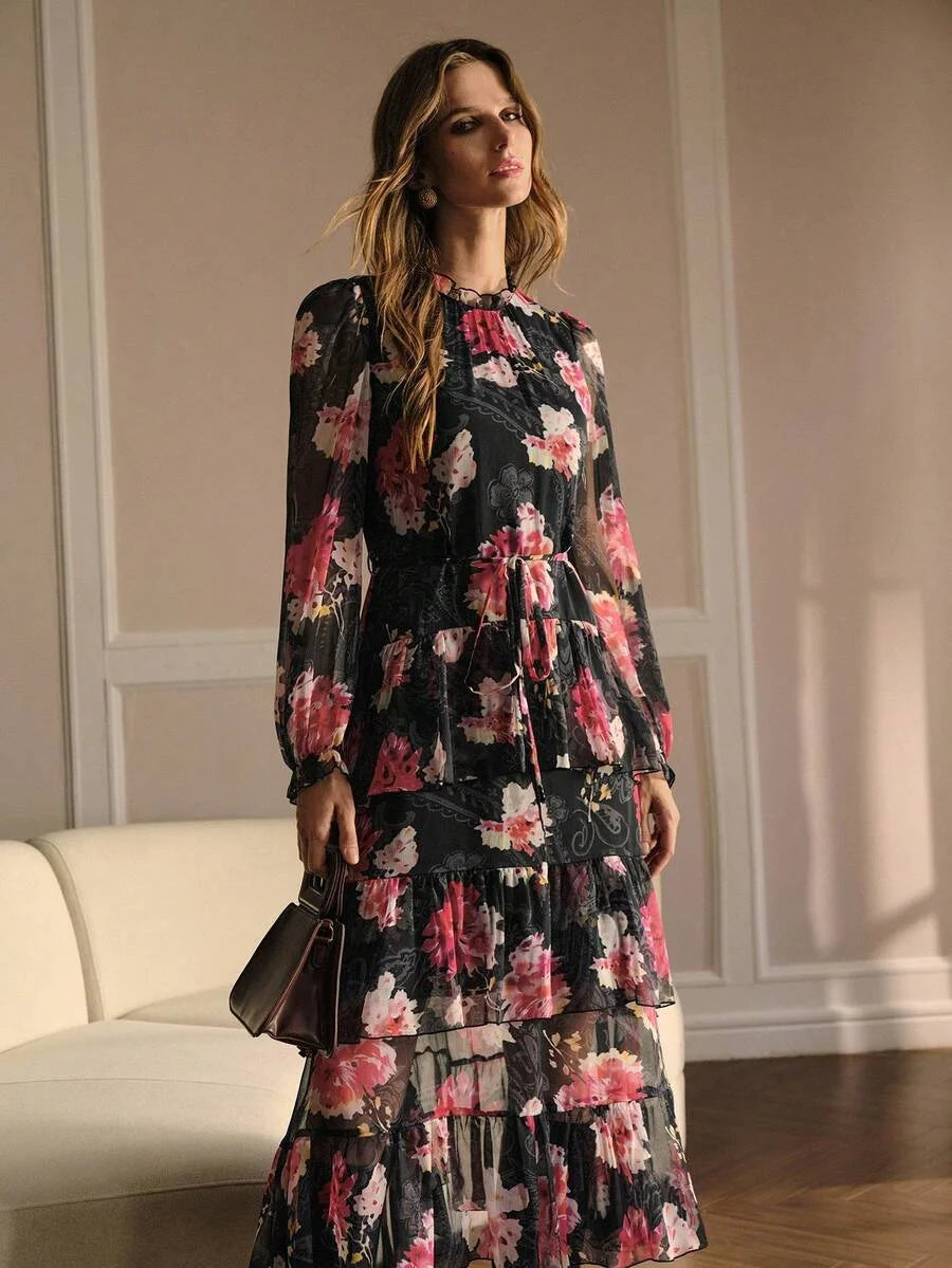 PREMIUM FLORAL PRINT RUFFLE HEM DRESS