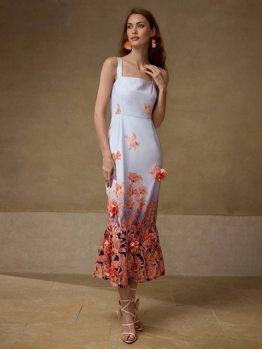 PREMIUM FLORAL PRINT RUFFLE HEM DRESS