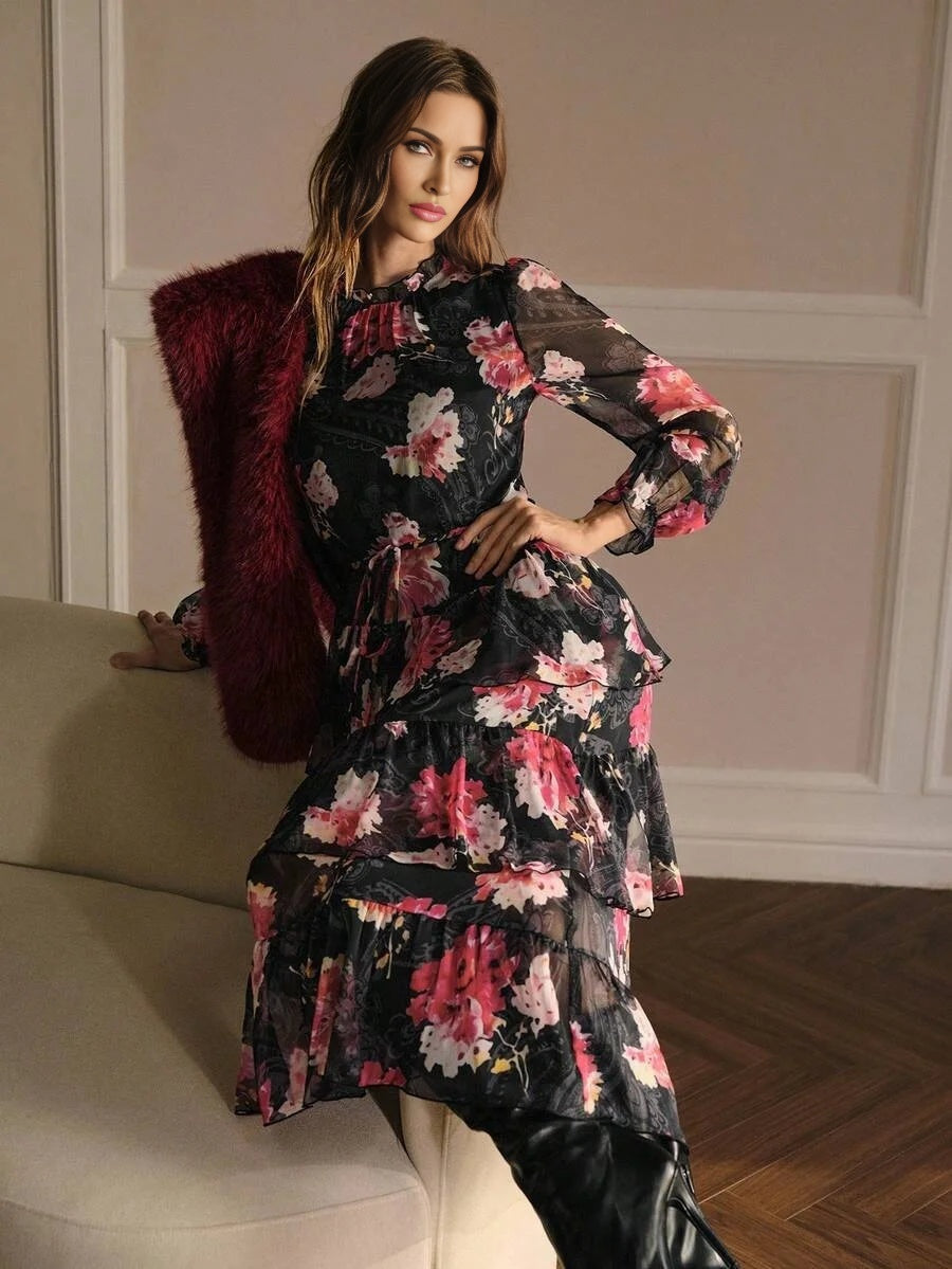 PREMIUM FLORAL PRINT RUFFLE HEM DRESS