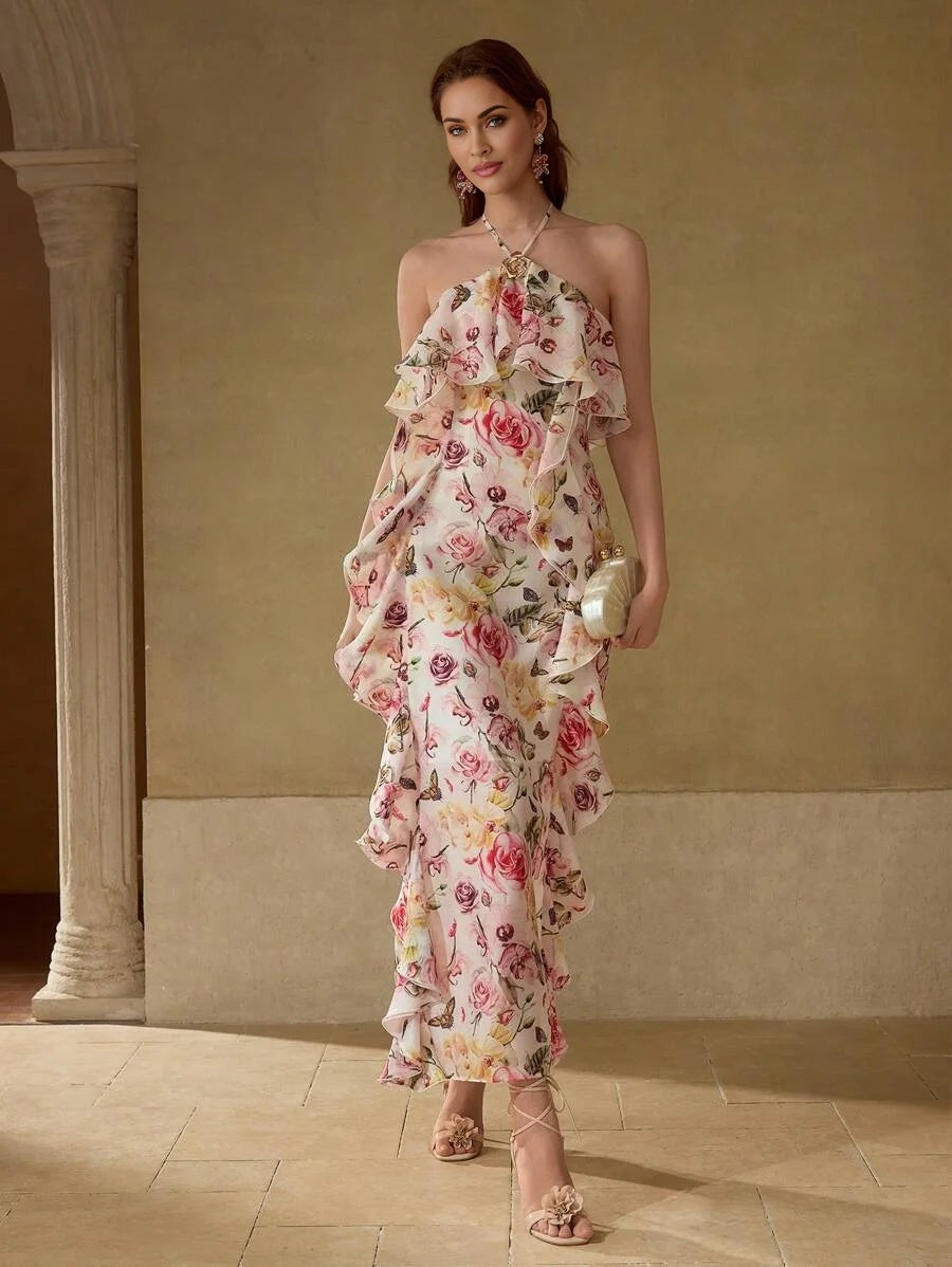 PREMIUM FLORAL PRINT RUFFLE TRIM DRESS