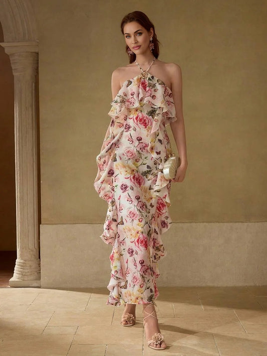 PREMIUM FLORAL PRINT RUFFLE TRIM DRESS