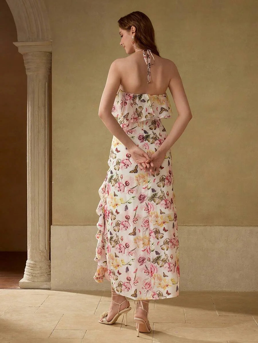 PREMIUM FLORAL PRINT RUFFLE TRIM DRESS