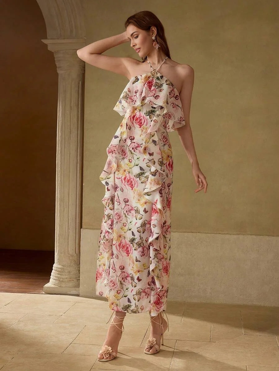 PREMIUM FLORAL PRINT RUFFLE TRIM DRESS