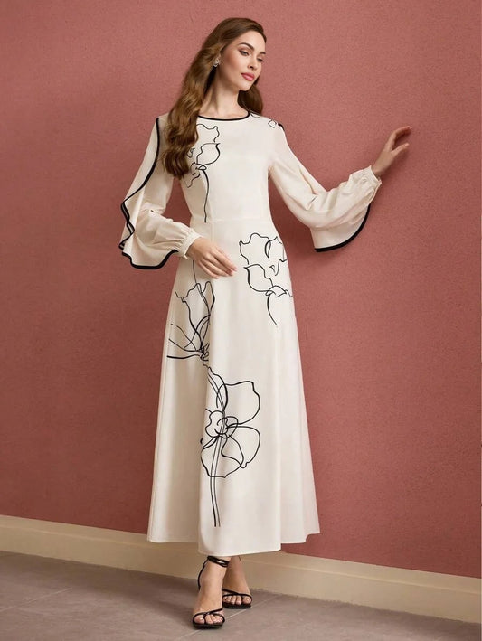 PREMIUM FLORAL PRINT RUFFLE TRIM DRESS LONG SLEEVES MAXI DRESSSPRINGSUMMER