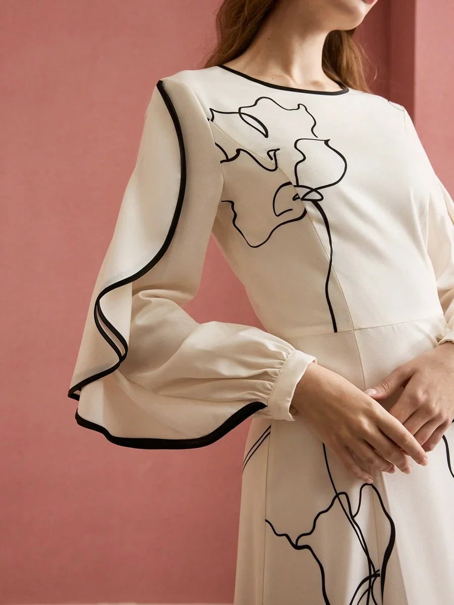 PREMIUM FLORAL PRINT RUFFLE TRIM DRESS LONG SLEEVES MAXI DRESSSPRINGSUMMER