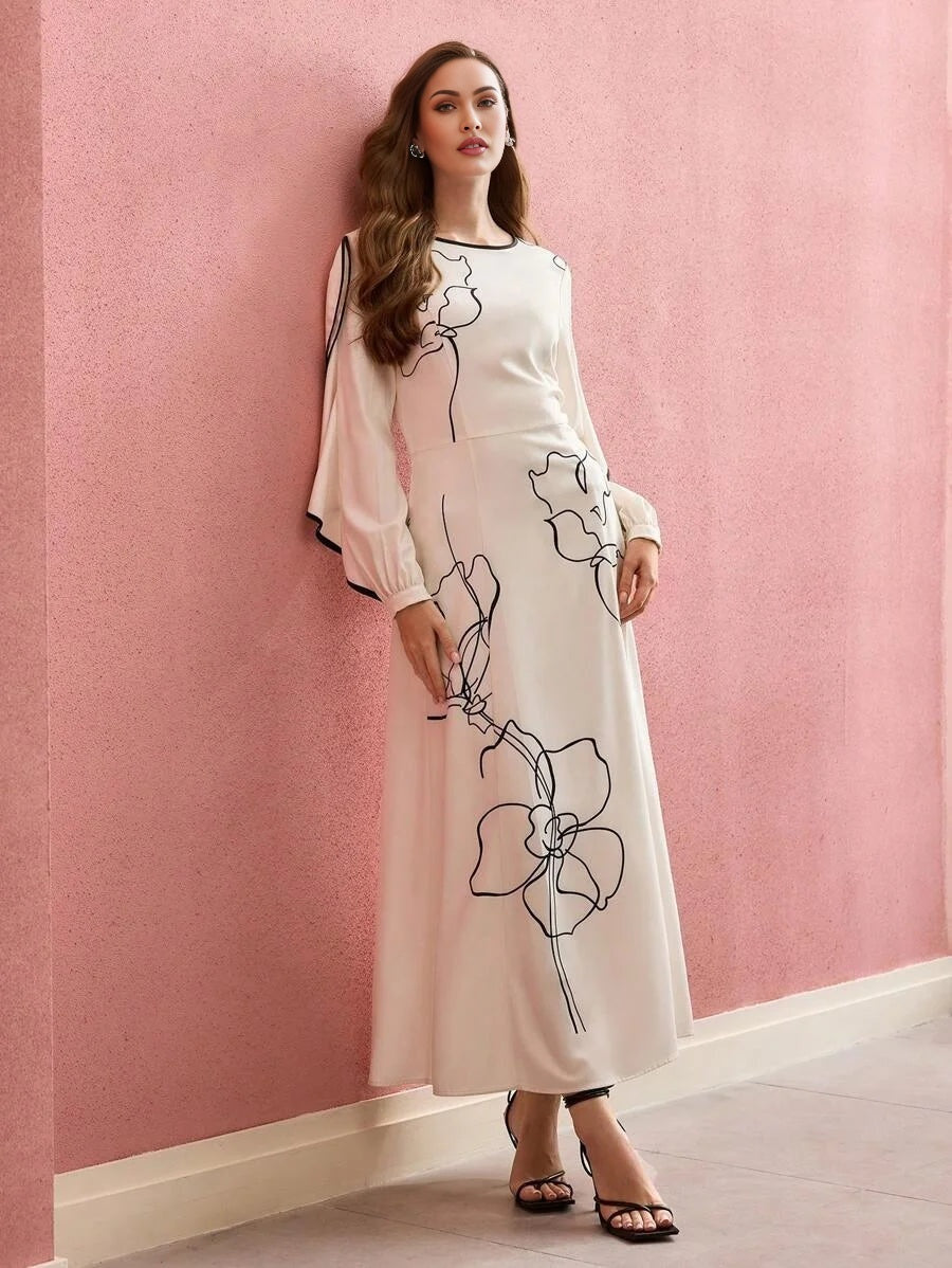 PREMIUM FLORAL PRINT RUFFLE TRIM DRESS LONG SLEEVES MAXI DRESSSPRINGSUMMER