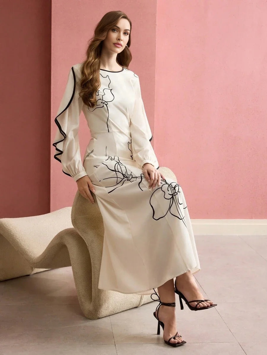 PREMIUM FLORAL PRINT RUFFLE TRIM DRESS LONG SLEEVES MAXI DRESSSPRINGSUMMER