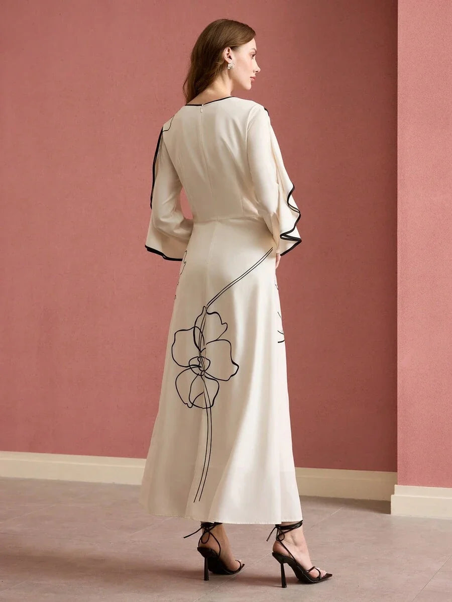 PREMIUM FLORAL PRINT RUFFLE TRIM DRESS LONG SLEEVES MAXI DRESSSPRINGSUMMER