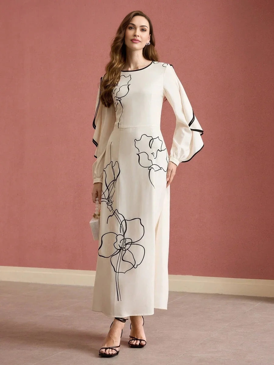 PREMIUM FLORAL PRINT RUFFLE TRIM DRESS LONG SLEEVES MAXI DRESSSPRINGSUMMER