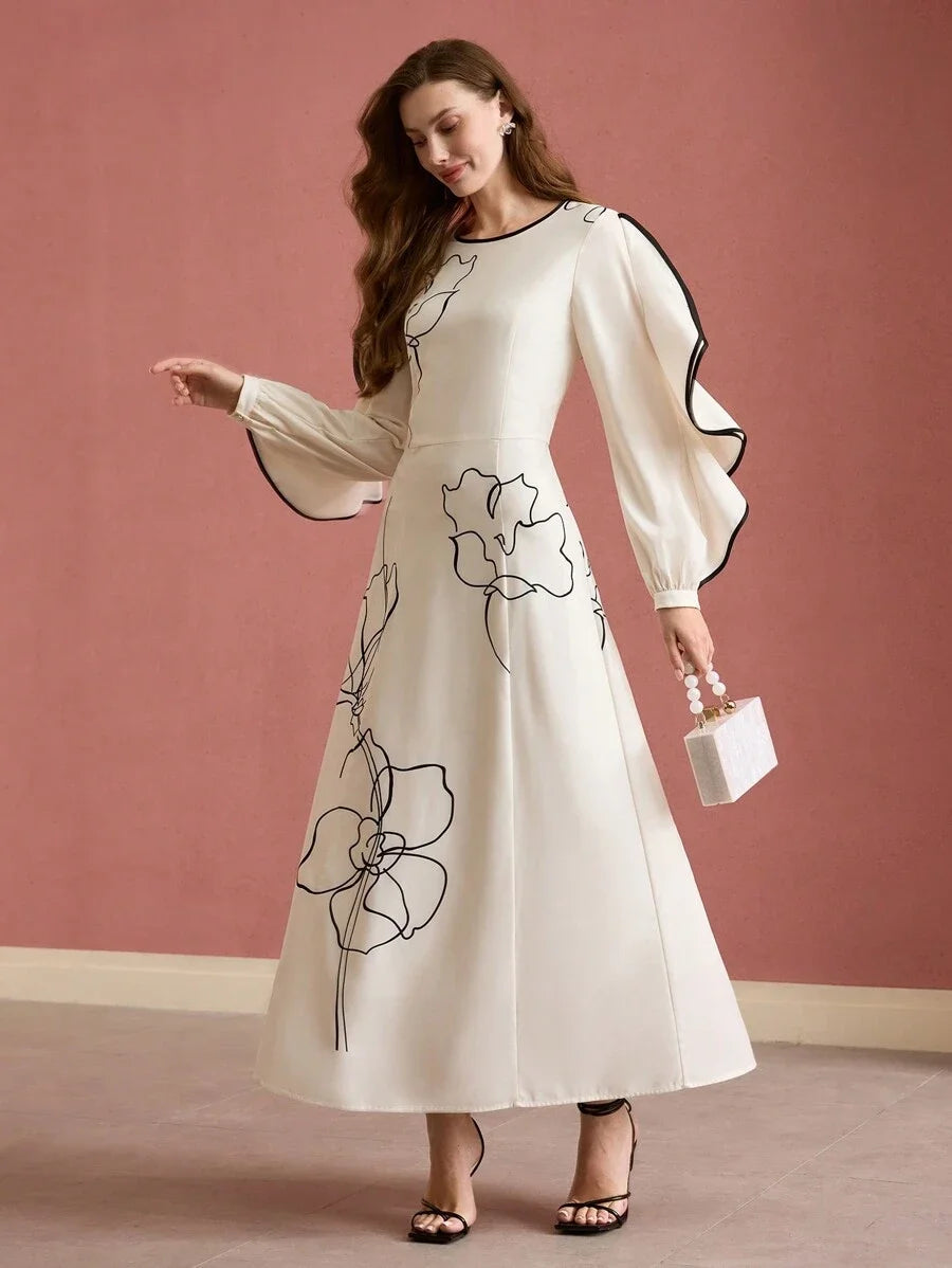 PREMIUM FLORAL PRINT RUFFLE TRIM DRESS LONG SLEEVES MAXI DRESSSPRINGSUMMER