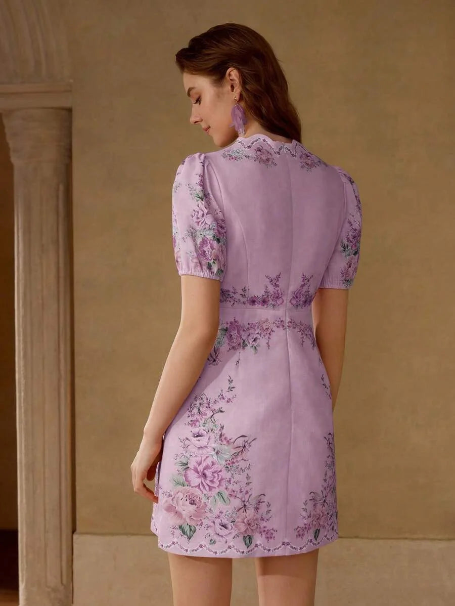 PREMIUM FLORAL PRINT SCALLOP TRIM PUFF SLEEVE DRESS