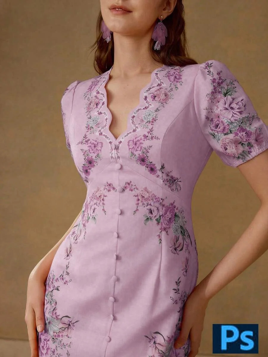 PREMIUM FLORAL PRINT SCALLOP TRIM PUFF SLEEVE DRESS