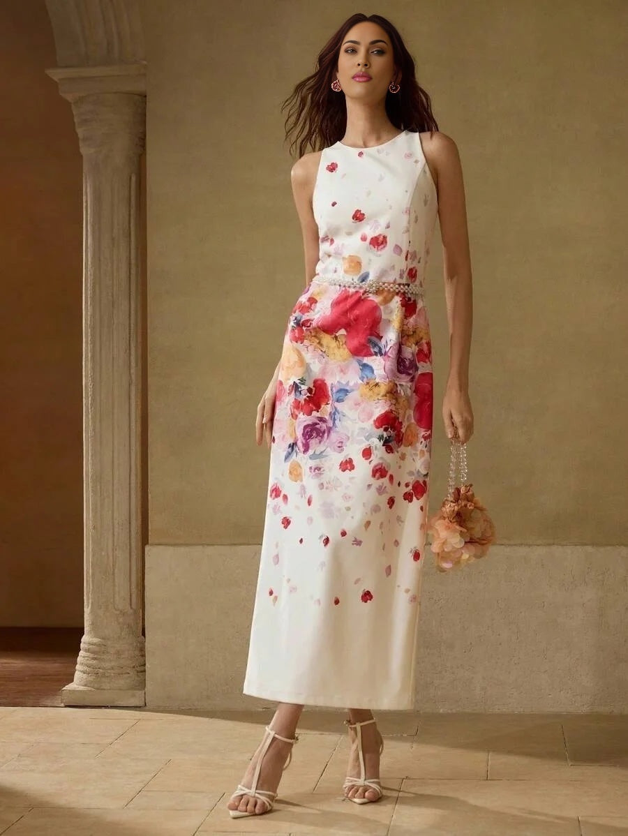 PREMIUM FLORAL PRINT SPLIT BACK COCKTAIL DRESS WITHOUT BELT