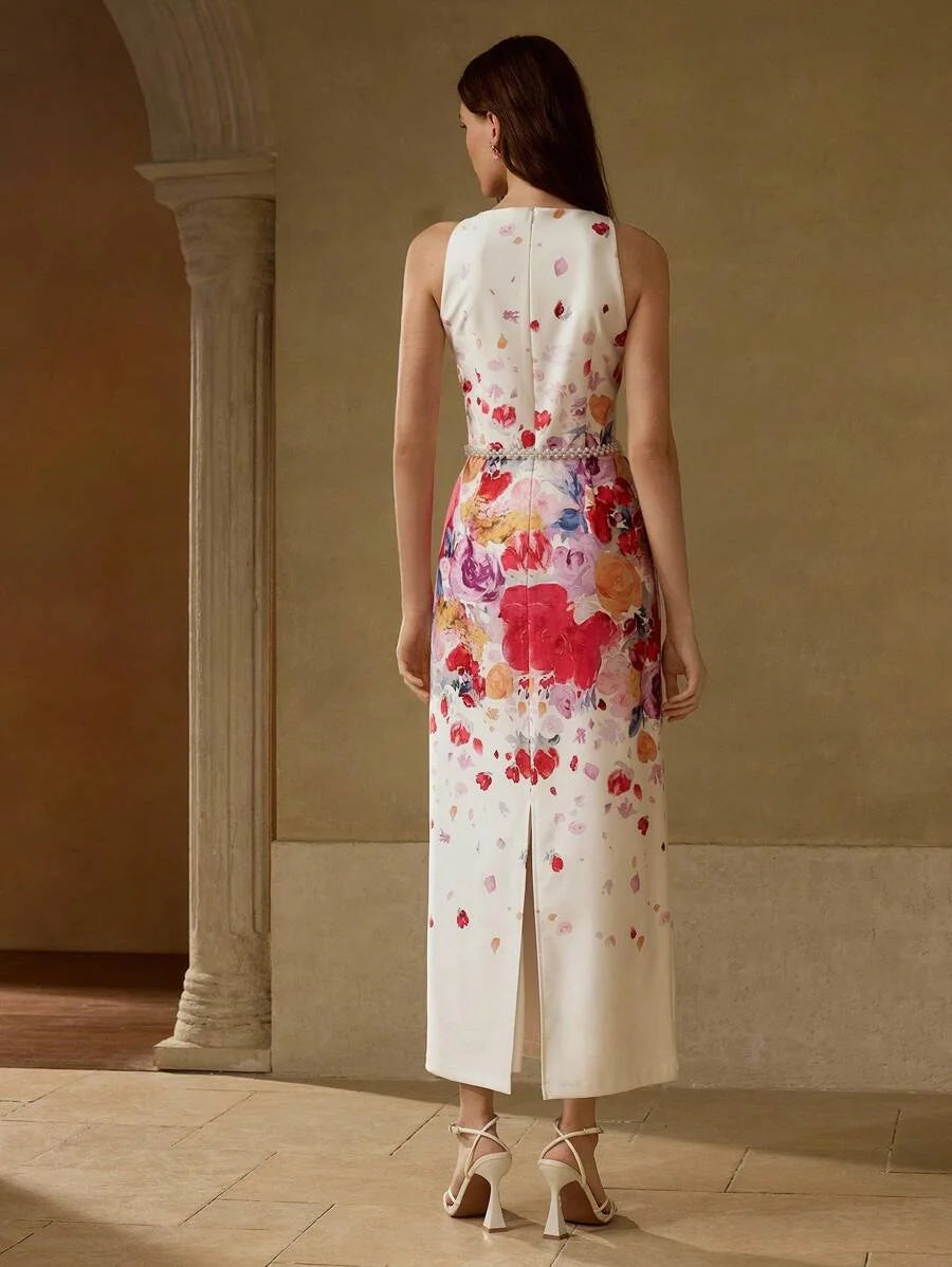 PREMIUM FLORAL PRINT SPLIT BACK COCKTAIL DRESS WITHOUT BELT