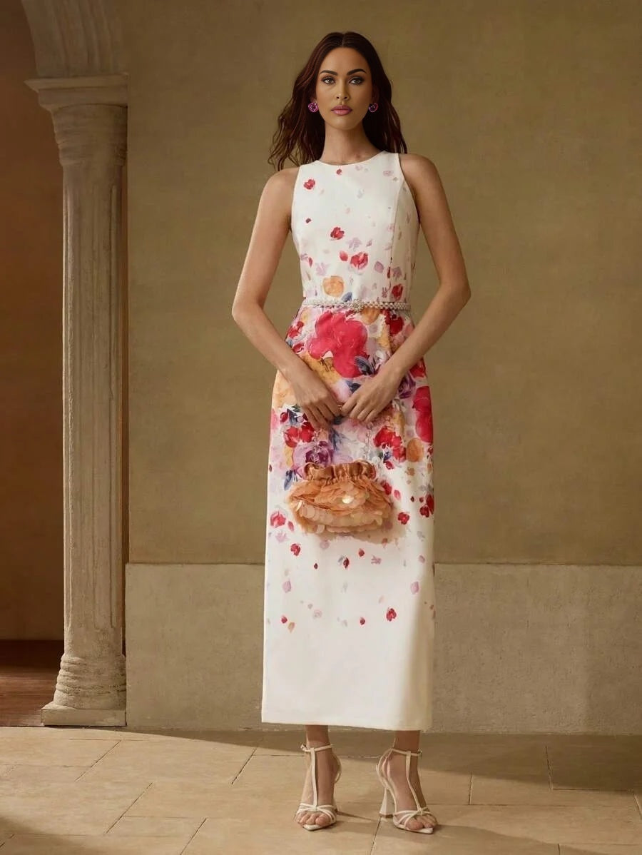 PREMIUM FLORAL PRINT SPLIT BACK COCKTAIL DRESS WITHOUT BELT