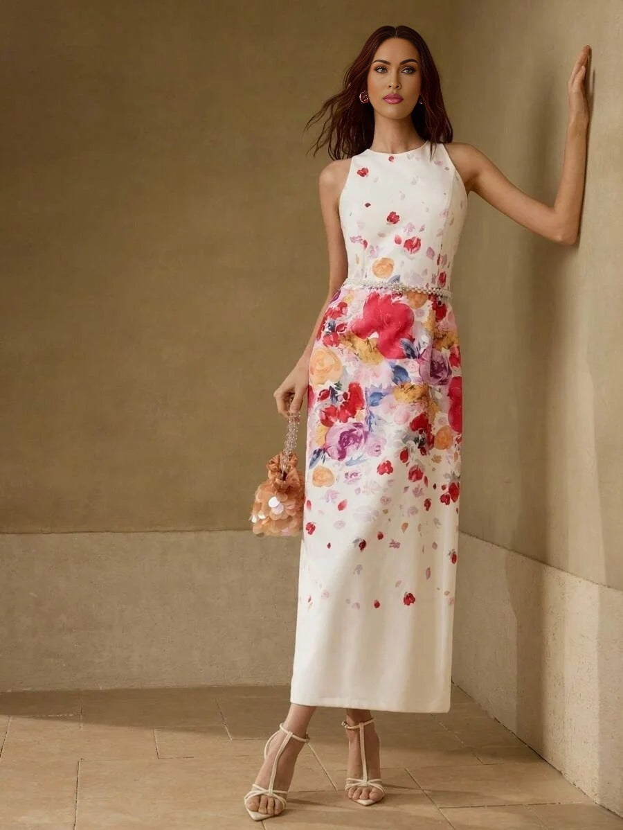 PREMIUM FLORAL PRINT SPLIT BACK COCKTAIL DRESS WITHOUT BELT