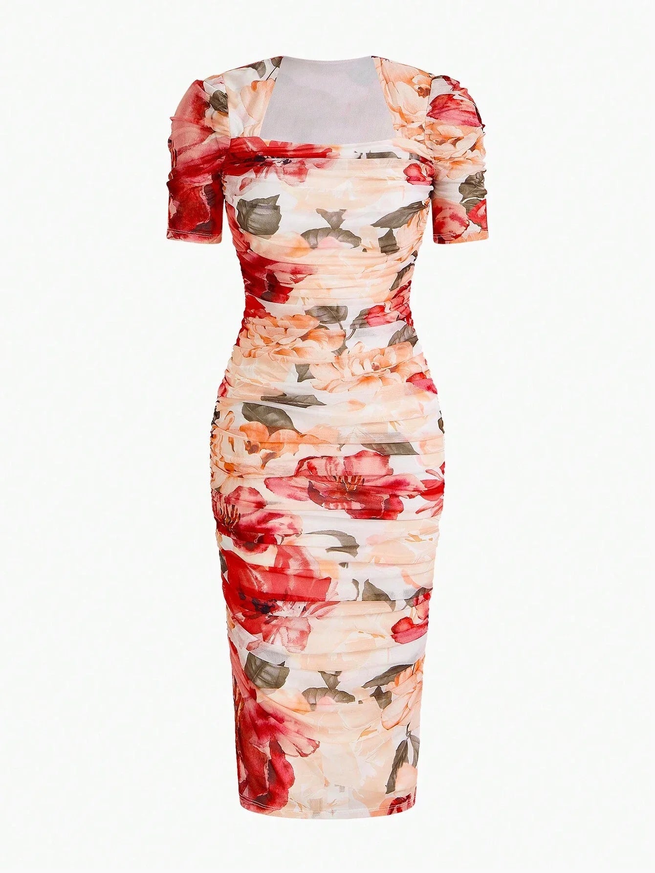 PREMIUM FLORAL PRINT SQUARE NECK RUCHED DRESSSUMMER OUTFITS FOR BEACH VACATION