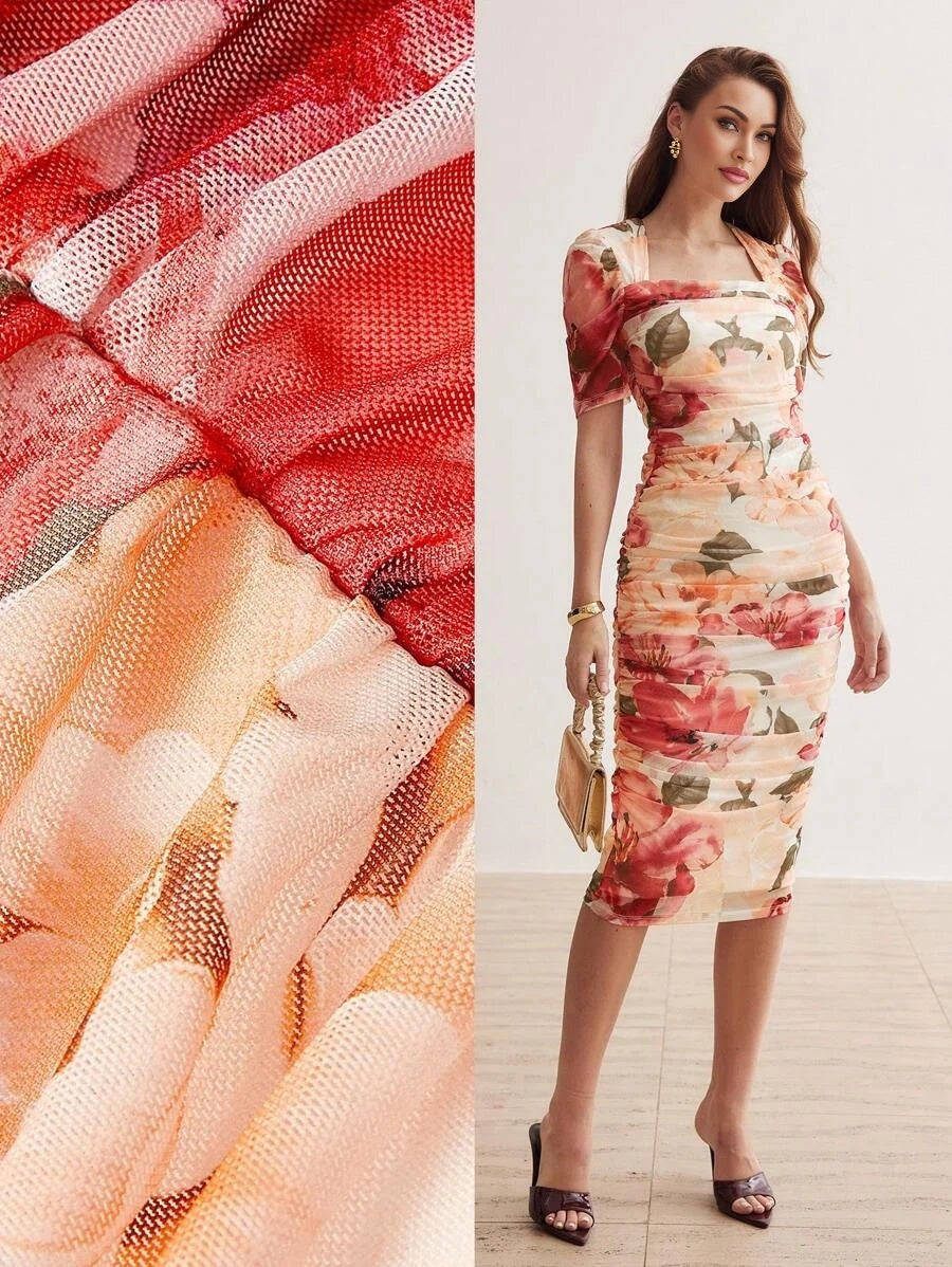 PREMIUM FLORAL PRINT SQUARE NECK RUCHED DRESSSUMMER OUTFITS FOR BEACH VACATION