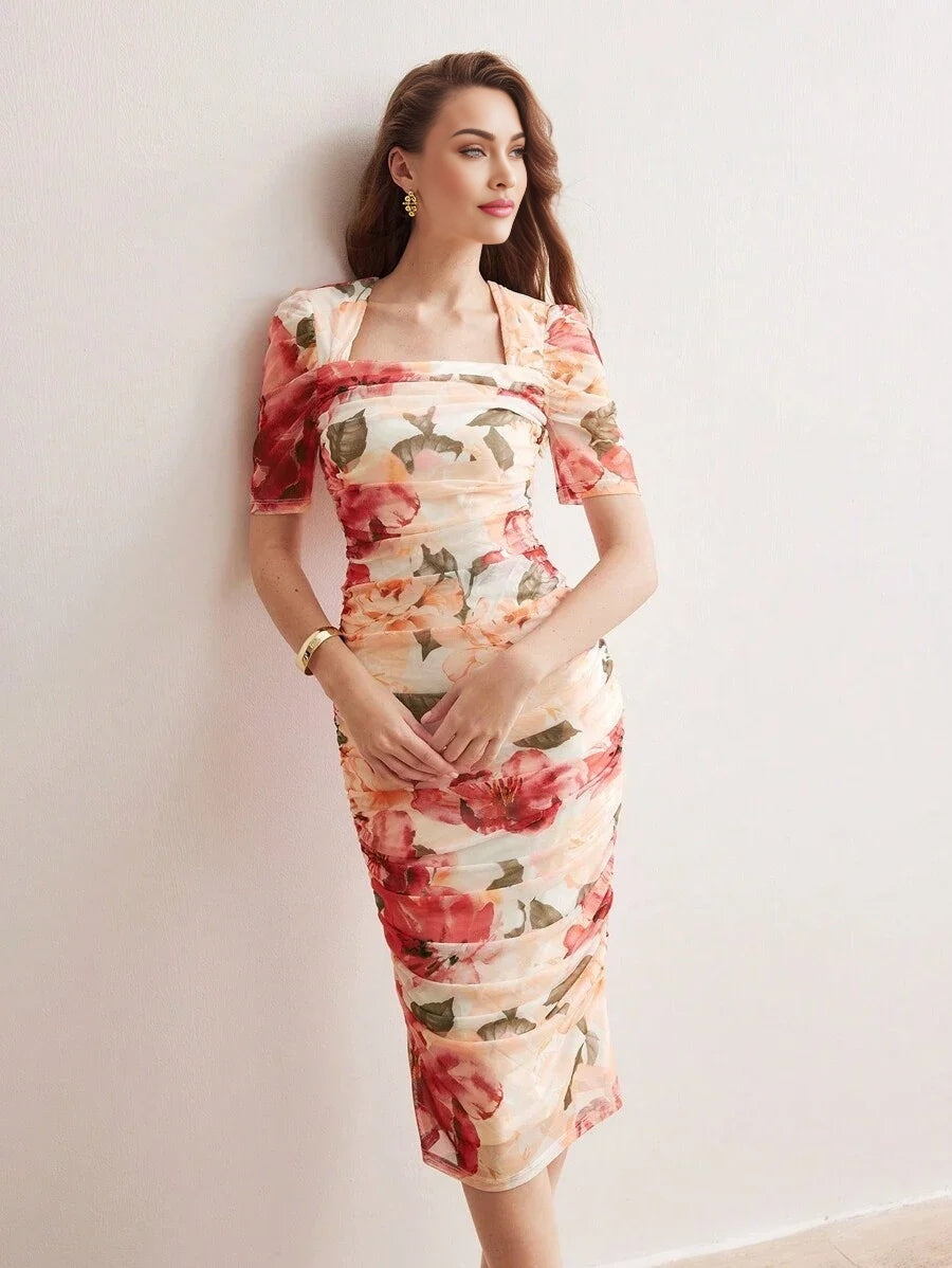 PREMIUM FLORAL PRINT SQUARE NECK RUCHED DRESSSUMMER OUTFITS FOR BEACH VACATION
