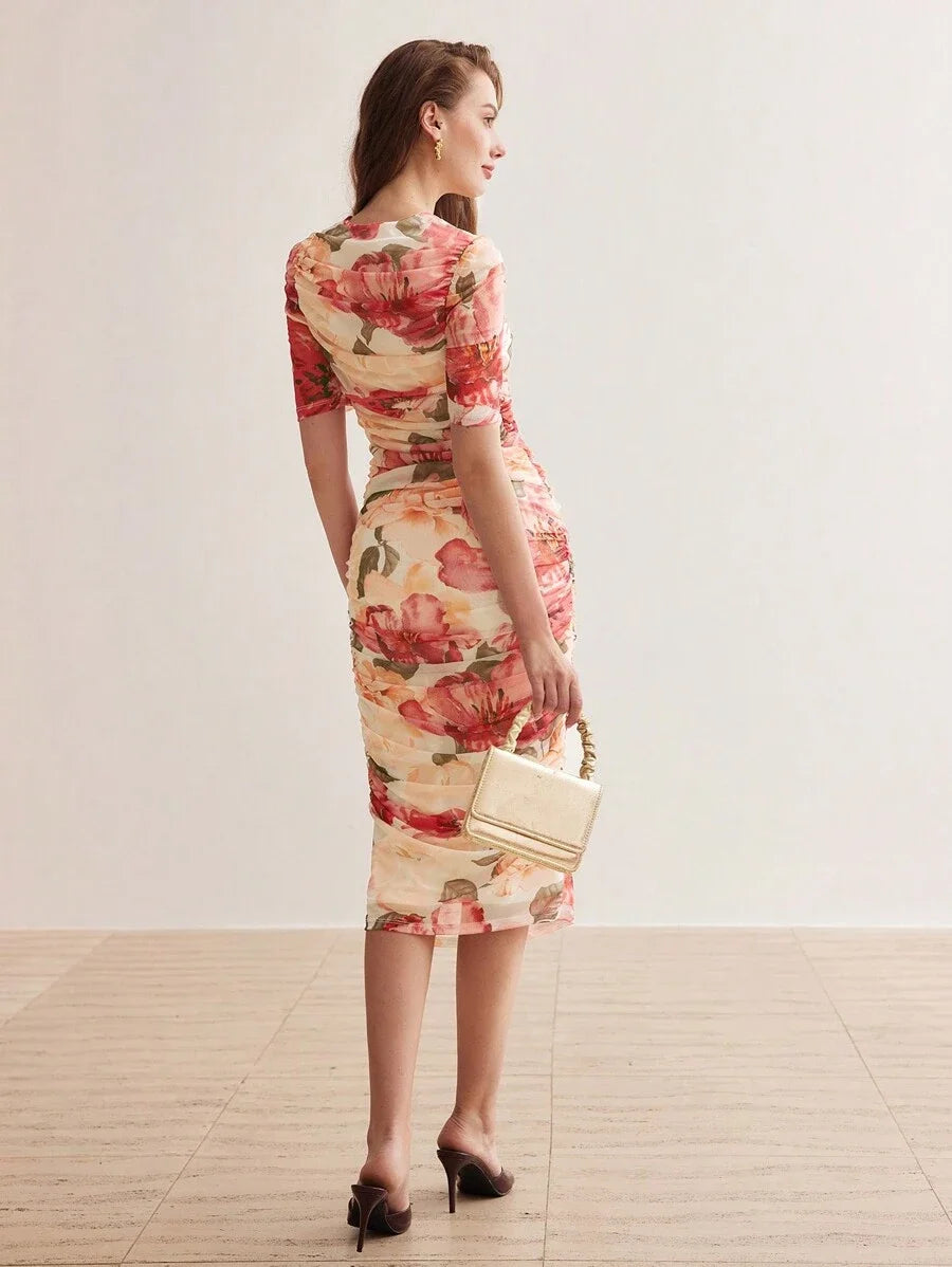 PREMIUM FLORAL PRINT SQUARE NECK RUCHED DRESSSUMMER OUTFITS FOR BEACH VACATION