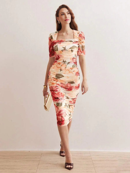 PREMIUM FLORAL PRINT SQUARE NECK RUCHED DRESSSUMMER OUTFITS FOR BEACH VACATION