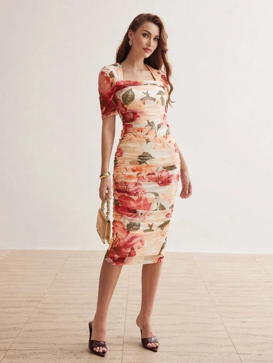 PREMIUM FLORAL PRINT SQUARE NECK RUCHED DRESSSUMMER OUTFITS FOR BEACH VACATION