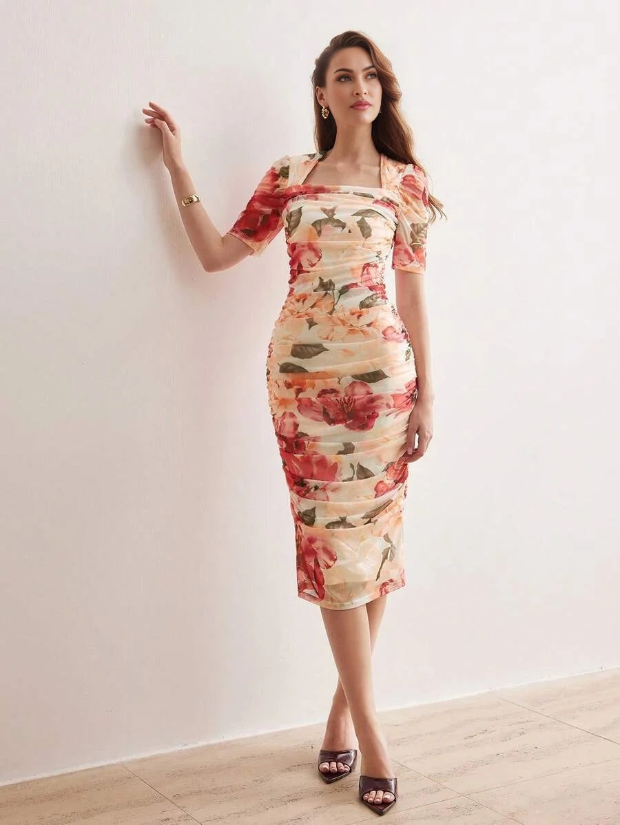 PREMIUM FLORAL PRINT SQUARE NECK RUCHED DRESSSUMMER OUTFITS FOR BEACH VACATION