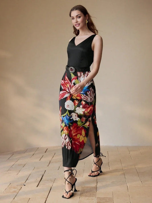 PREMIUM FLORAL PRINT THIGH SLIT DRESS