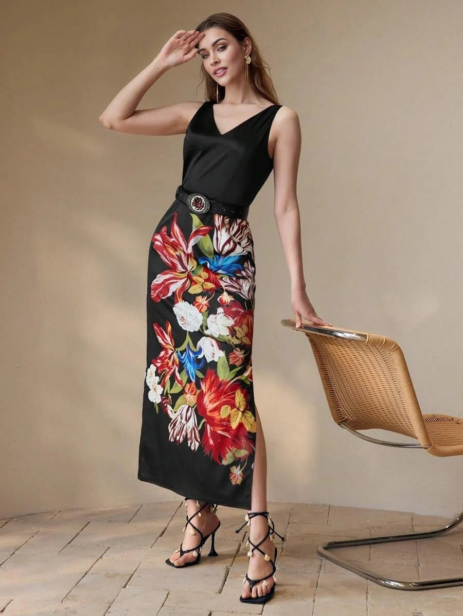 PREMIUM FLORAL PRINT THIGH SLIT DRESS