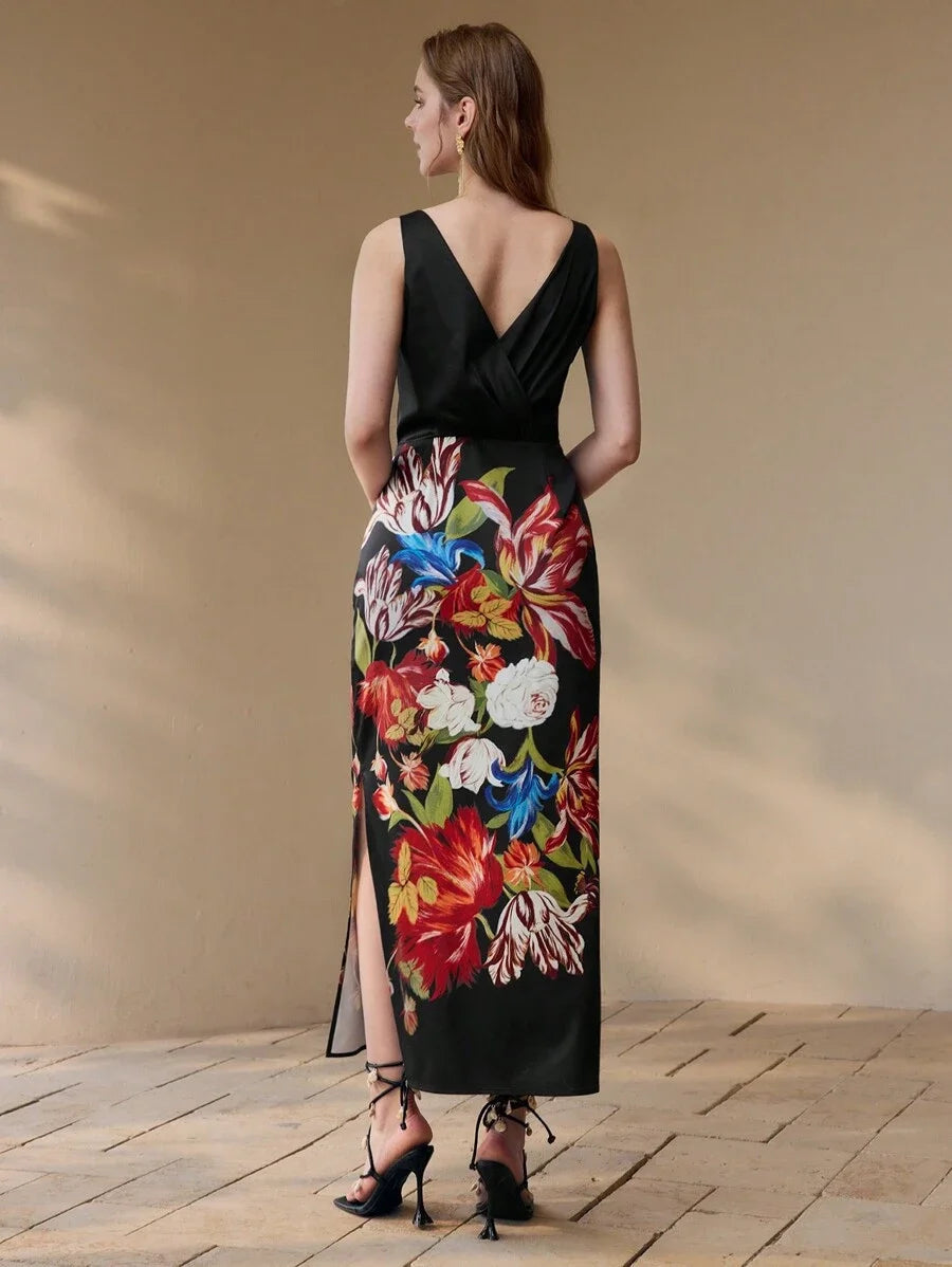 PREMIUM FLORAL PRINT THIGH SLIT DRESS