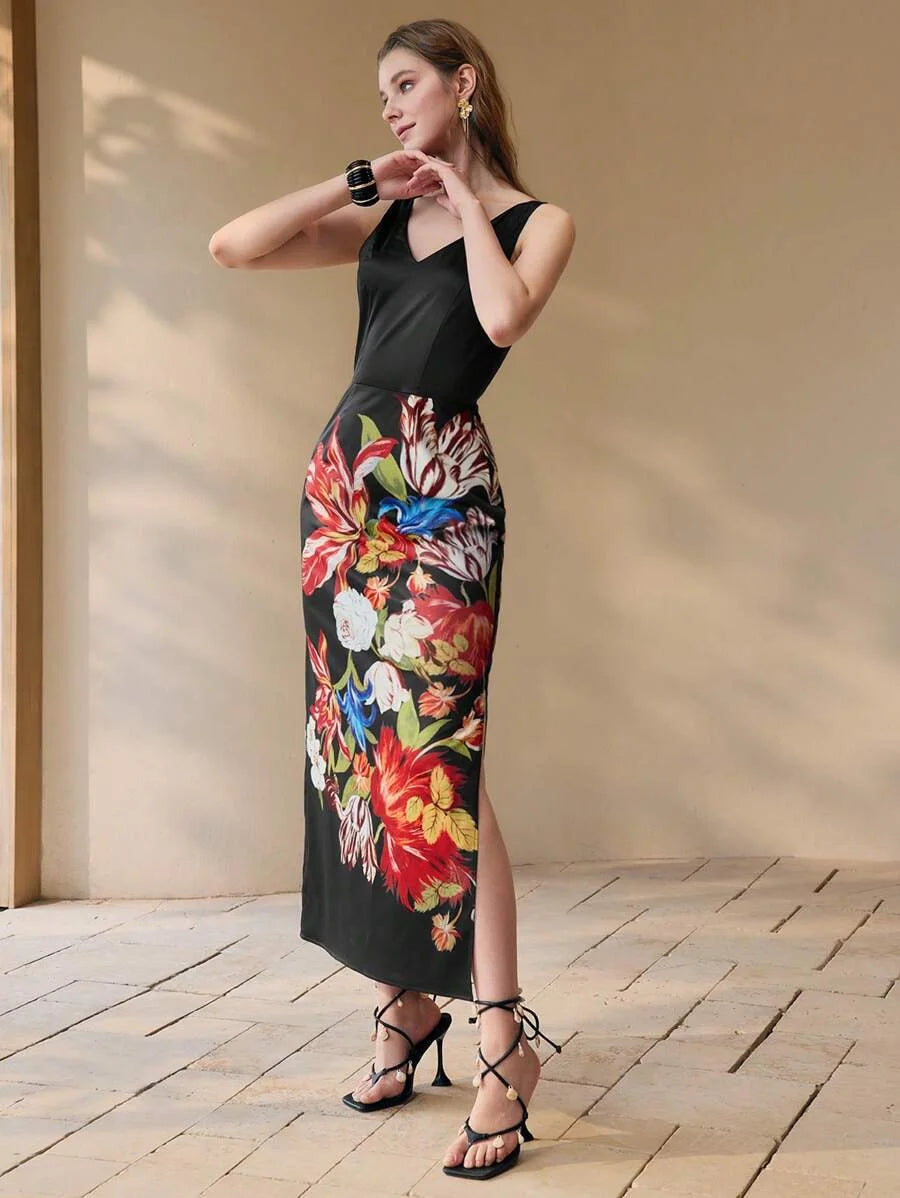 PREMIUM FLORAL PRINT THIGH SLIT DRESS