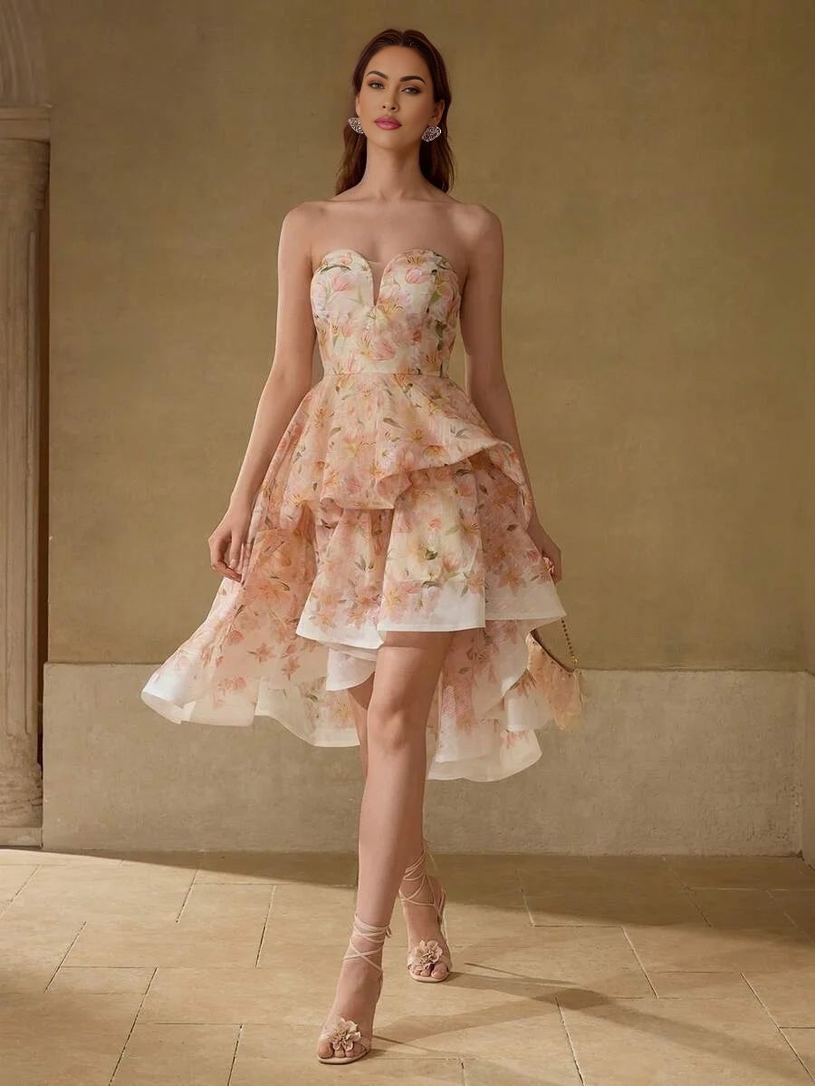 PREMIUM FLORAL PRINT TIERED LAYER COCKTAIL DRESS