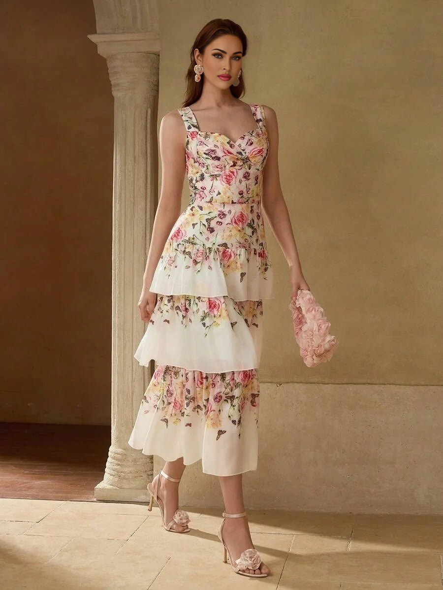 PREMIUM FLORAL PRINT TIERED LAYER COCKTAIL DRESS