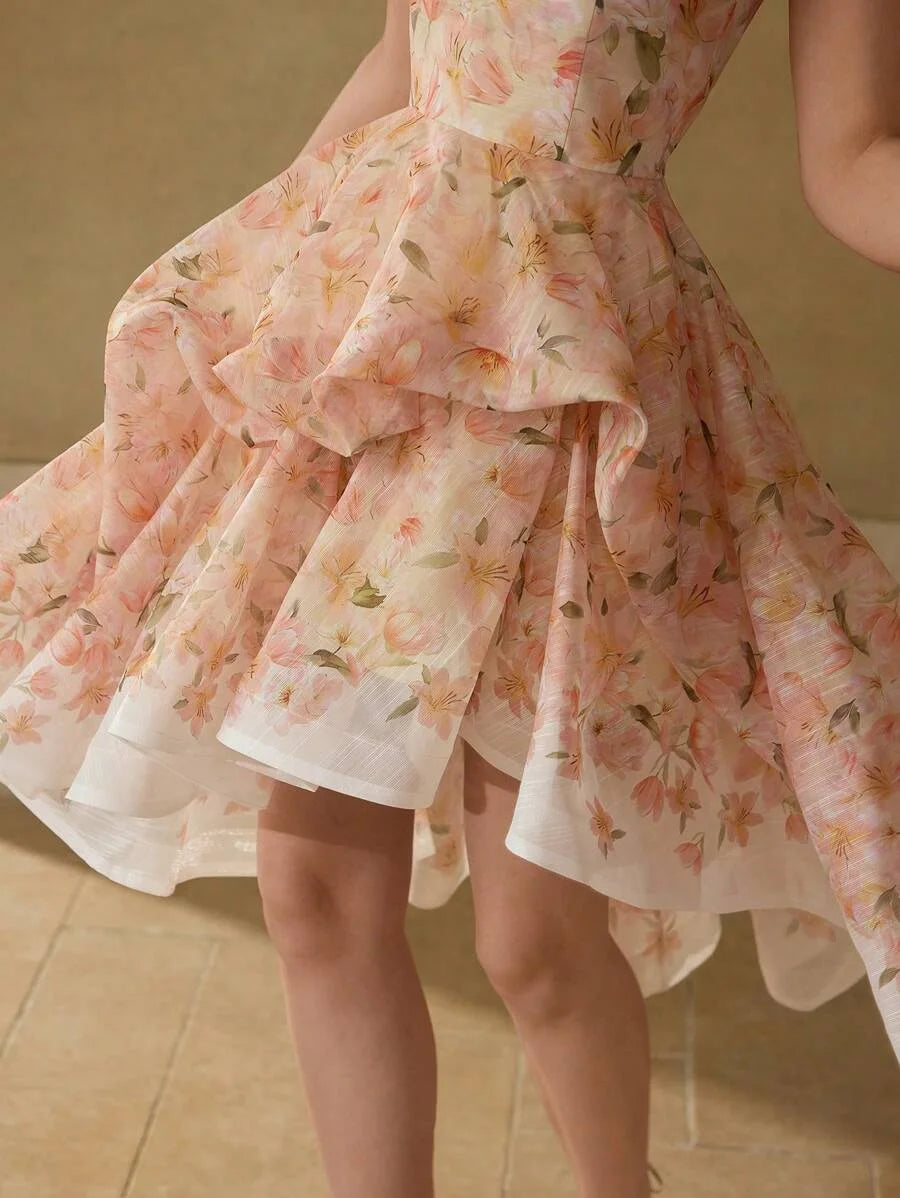 PREMIUM FLORAL PRINT TIERED LAYER COCKTAIL DRESS