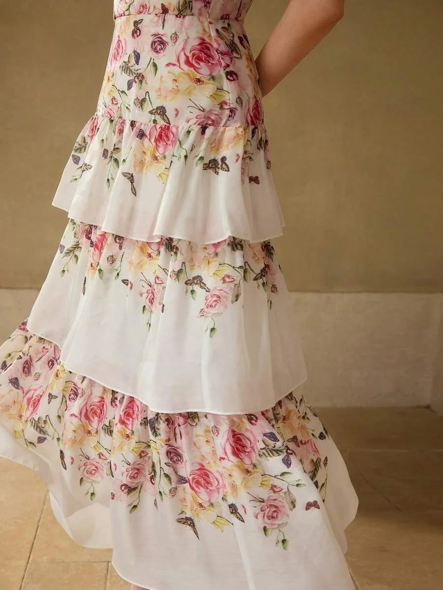 PREMIUM FLORAL PRINT TIERED LAYER COCKTAIL DRESS