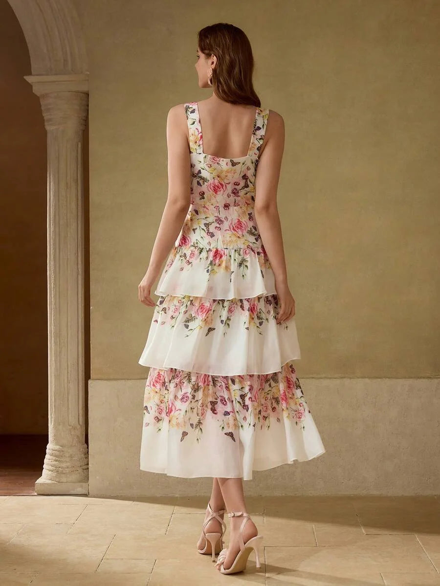 PREMIUM FLORAL PRINT TIERED LAYER COCKTAIL DRESS