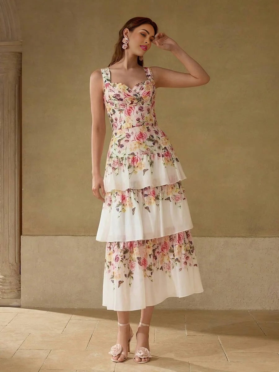 PREMIUM FLORAL PRINT TIERED LAYER COCKTAIL DRESS