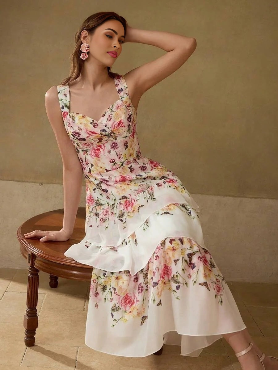 PREMIUM FLORAL PRINT TIERED LAYER COCKTAIL DRESS