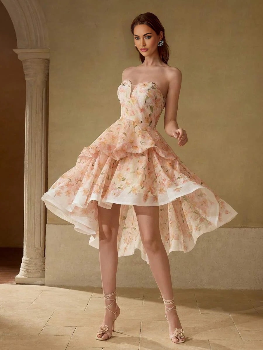PREMIUM FLORAL PRINT TIERED LAYER COCKTAIL DRESS