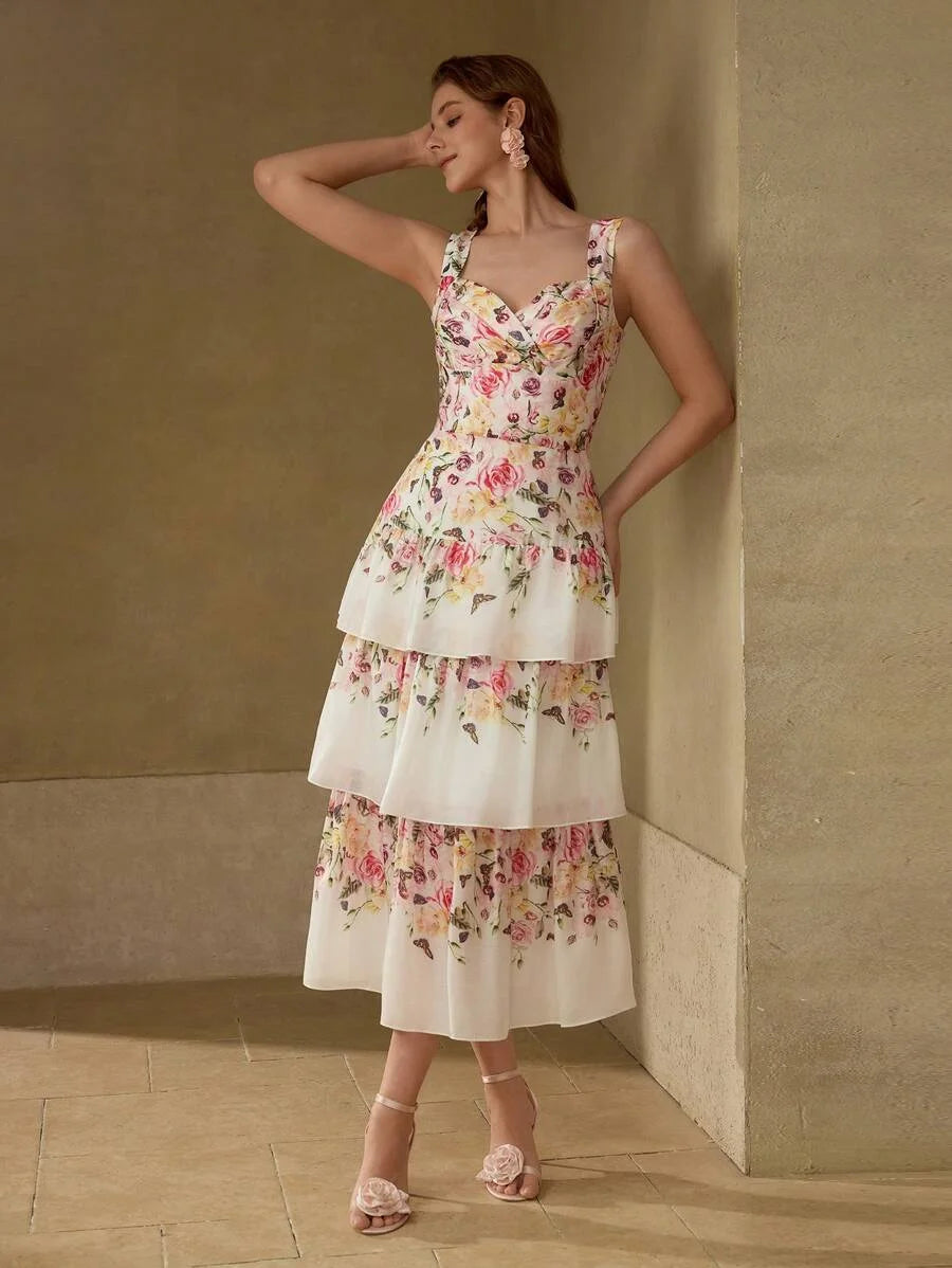 PREMIUM FLORAL PRINT TIERED LAYER COCKTAIL DRESS